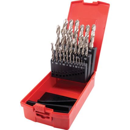 Jobber Drill Set, 1 to 13mm x 0.5mm, Standard Length, Metric, High Speed Steel, Bright, Set of 25