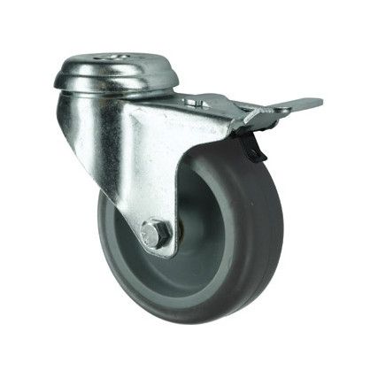 Light Duty, Castor, 100mm, Braked, Swivel, Bolt Hole, Rubber, Grey