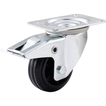 Medium Duty, Castor, 80mm, Braked, Swivel, Top Plate, Rubber, Black