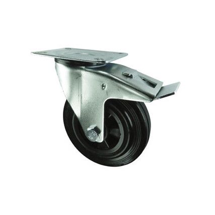 Medium Duty, Castor, 100mm, Braked, Swivel, Top Plate, Rubber, Black