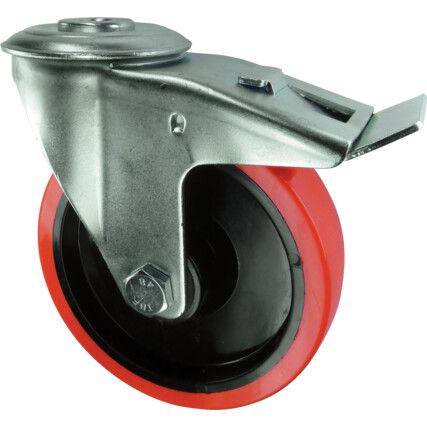 Medium Duty, Castor, 125mm, Braked, Swivel, Bolt Hole, Polyurethane, Red